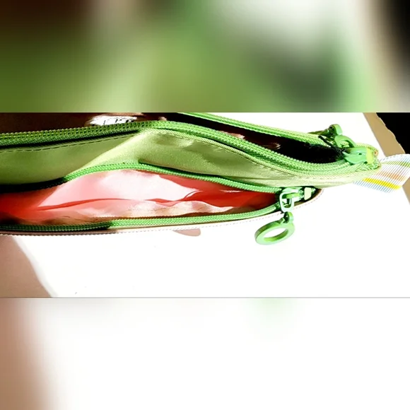 Sephora Ivy green pink stripes divider pocket front pocket signed hardware pouch - Picture 4 of 8